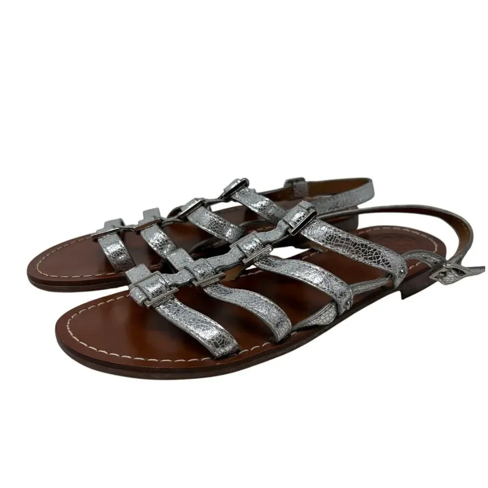 Tory Burch Reggie Flat Gladiator Silver Metallic Snakeskin Sandals Womens Sz 6.5